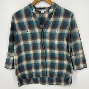 James Perse Teal Blue Brown Plaid Button-Down Shirt
